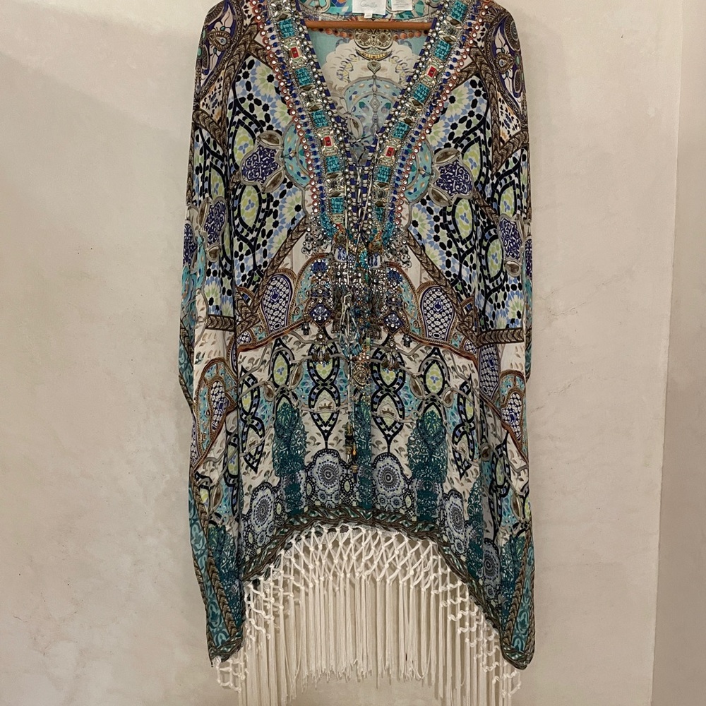 Camilla Franks Short Kaftan w/ added Fringe Hem, Meet Me In Casablanca, Silk, OS - Picture 5 of 9